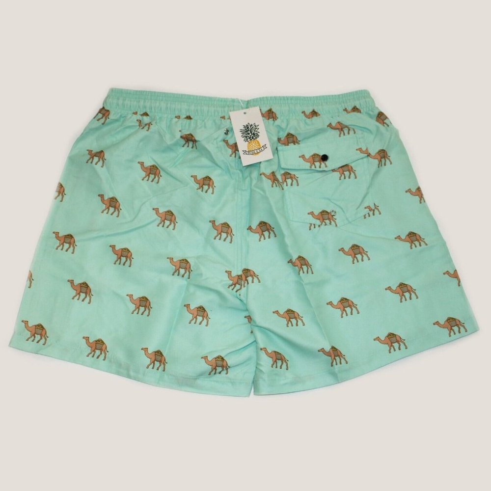 Men's Swim Trunks 4 Pocket Drawstring Green Camel Design Extra Large - Picture 2 of 4